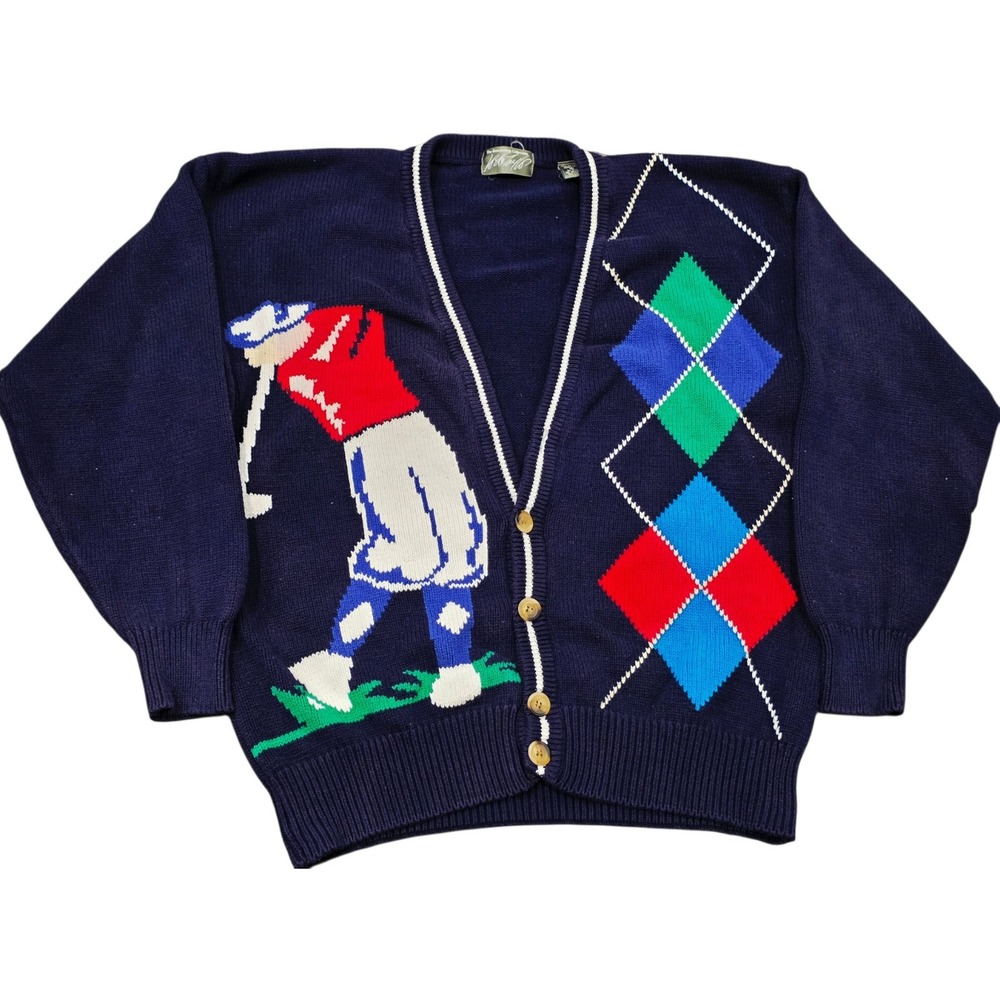 Lord & Taylor Golf Vintage 90s Graphic Knit Cotton Cardigan Sweater Mens Medium